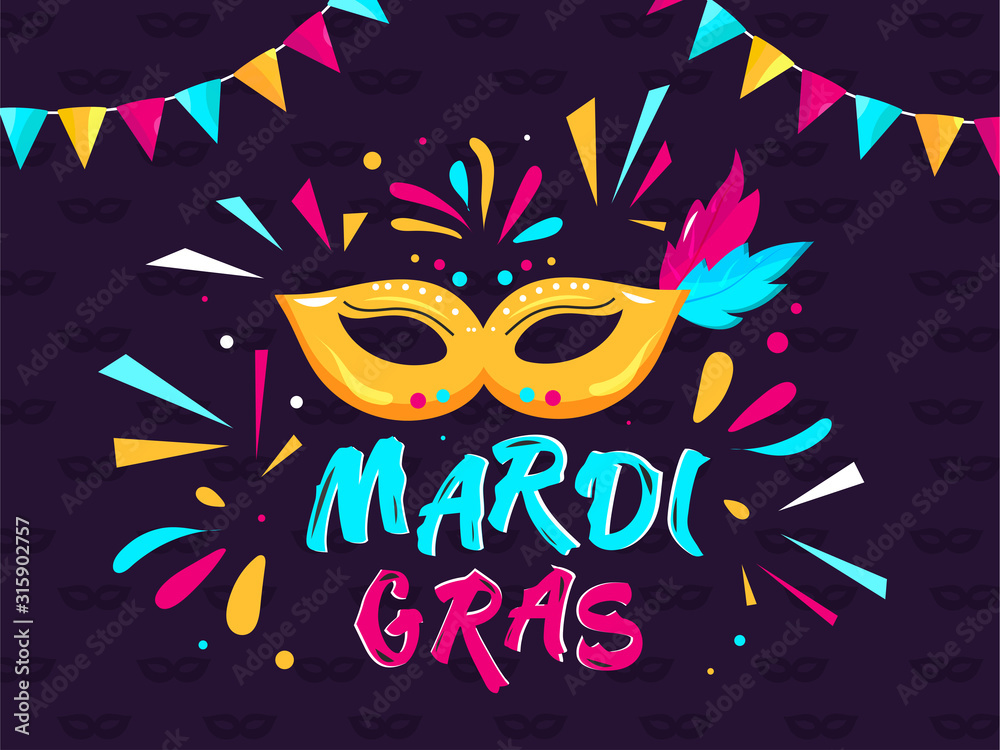 Sticker creative mardi gras text with party mask, confetti and bunting flag decorated on purple background.