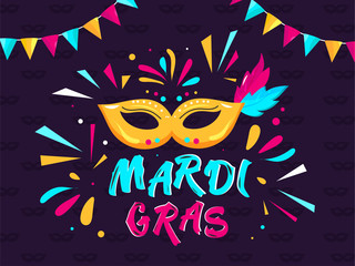Creative Mardi Gras Text with Party Mask, Confetti and Bunting Flag Decorated on Purple Background.