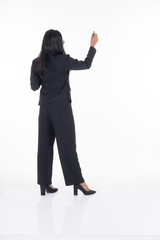 An attractive woman wearing business attire holding a tablet with various poses isolated on white background. Suitable for image cut out and manipulation works for technology,business or finance theme