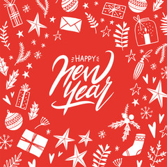 Merry Christmas and Happy New Year. Christmas season hand drawn card with red background. Vector illustration, lettering. Doodle style. Ornaments, snowflakes, presents. Winter holiday card, poster