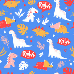 Dino Seamless Pattern, Cute Cartoon Dinosaurs Doodles Vector Illustration for prints and posters, invitation and greeting cards