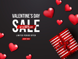 Valentine's Day Sale Poster Design with 60% Discount Offer, Glossy Red Hearts and Gift Box on Black Background.
