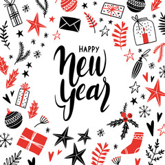 Merry Christmas and Happy New Year. Christmas season hand drawn card with white background. Vector illustration, lettering. Doodle style. Ornaments, snowflakes, presents. Winter holiday card, poster