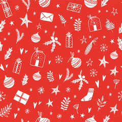 Merry Christmas and Happy New Year. Season hand drawn seamless pattern with white background. Vector illustration. Doodle style. Ornaments, snowflakes, presents. 