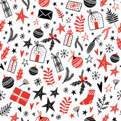 Merry Christmas and Happy New Year. Season hand drawn seamless pattern with white background. Vector illustration. Doodle style. Ornaments, snowflakes, presents.