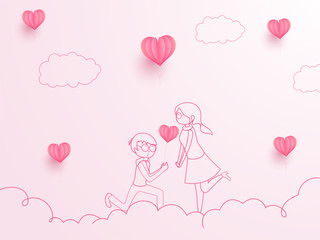 Line Art Illustration of Boy Proposing To His Girlfriend on Pink Cloud Background Decorated with Paper Cut Hearts.