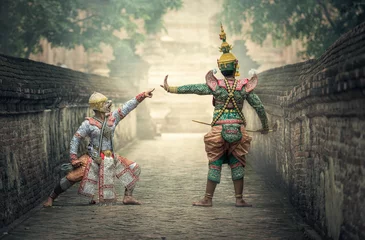 Tuinposter Khon is traditional dance drama art of Thai classical masked, this performance is Ramayana epic © Sasint