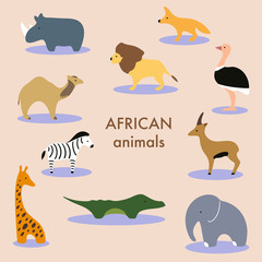 Collection of african animals and savannah mammals. Set of cute cartoon isolated characters and icons. Lion, elephant, giraffe, crocodile. Vector illustration in flat style.