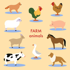 Collection of farm animals and domestic birds. Set of cute cartoon isolated characters and icons. Horse, sheep, cow. Vector illustration in flat style.