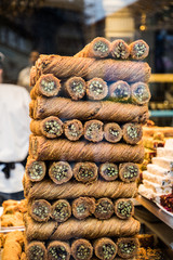 Istambul, Turkey - October, 2019: Traditional turkish dessert sweets assorted. Street food.