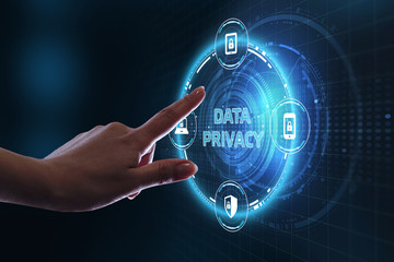 Business, technology, internet and networking concept. Young businessman select the icon Data...