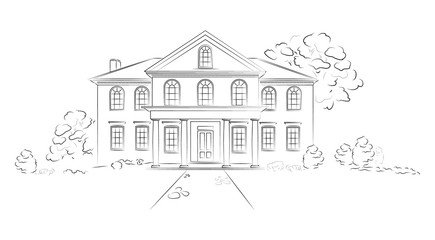 Linear architectural sketch modern detached house. Project of big residence or hotel on white background.