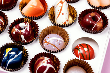 Close Up Luxury Bonbons Painted with Differents Colors in White Box on Pink background Beautiful and Exclusive Handmade chocolate Candy