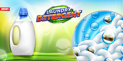 Laundry detergent  banner show removal of dirt from the fabric. Blank bottle filled by washing gel, on bright blue background ready for branding and ads design. 