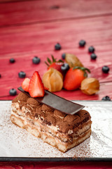 Tiramisu, traditional Italian dessert on a red wooden background, decorated with berries