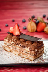 Tiramisu, traditional Italian dessert on a red wooden background, decorated with berries