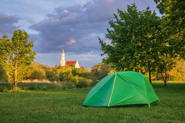 Camping tent Romantic Road touristic route Donauworth Swabia Bavaria Germany