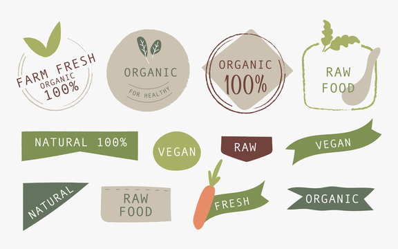 Hand drawn Organic label and natural label green color design. Tag and Sticker Farm fresh logo vegan food mark guaranteed.