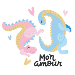 Lovely playng two dinosaurs with heart joying to each other. Childish hand drawn dino in love for greeting card, invitation, poster. Romantic hunny copcept