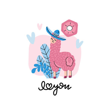 Cute llama in a hat with hearts on a pink background with floral elements. Valentine's day card with lettering I love you