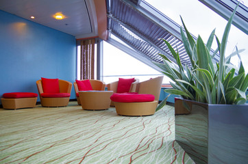 Chillout area with comfortable seats inside spa or wellness area with oceanview or view of the sea...