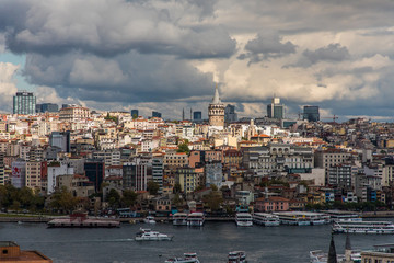 Istanbul, Turkey - October, 2019: Galata tower at Sunset. Istanbul, Turkey . Travel and Business background