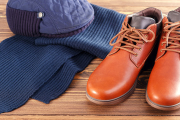 Men autumn-winter fashion. Men's casual outfits on table.