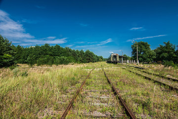 Landscape with abandoned retro wagon in Ukraine. Sunny summer day