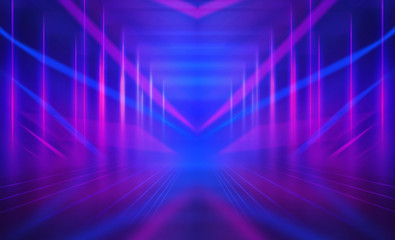 Empty dark abstract background. Background of empty show scene. Glow of neon lights and neon figures on an empty concert stage. Reflection of light on the pavement.