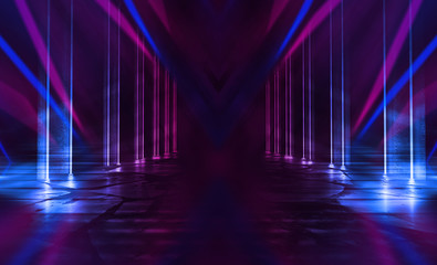 Empty dark abstract background. Background of empty show scene. Glow of neon lights and neon...