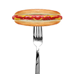 Hot dog with ketchup and mustard on fork.