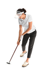Beautiful female golfer isolated on white