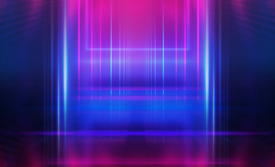 Empty dark abstract background. Background of empty show scene. Glow of neon lights and neon figures on an empty concert stage. Reflection of light on the pavement.