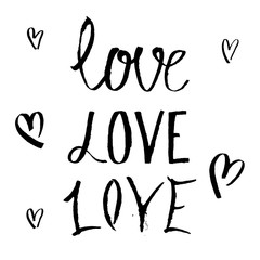 LOVE set - handwritten black ink vector lettering in grunge style. Italic handwriting. Vector lettering the word 