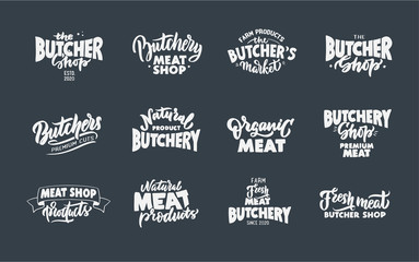 Butchery, Meat shop, fresh meat, emblems, stamps. Set of retro handmade badges, labels and logo elements, symbols, phrases, slogans