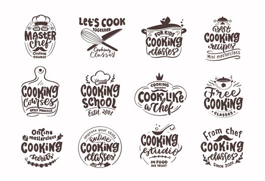 Cook, cooking stamps. Set of vintage retro handmade badges, labels and logo elements, symbols, phrases, slogans for cooking school, sooking studio,