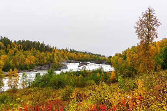 Bardufoss waterfall located in Tamok Valley, Troms og Finnmark region, Norway