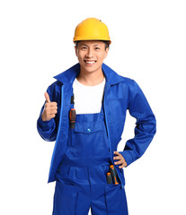 Handsome Asian worker showing thumb-up on white background