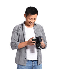 Portrait of Asian photographer on white background