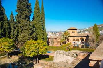 GRANADA, SPAIN - February 5, 2019: La Alhambra is UNESCO World Heritage site in Granada, Spain. Spain is an European country which has many touristic places..
