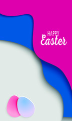 Happy easter poster background. Festive greeting from paper cut 3d origami style with geometric elements, eggs. Vector illustration