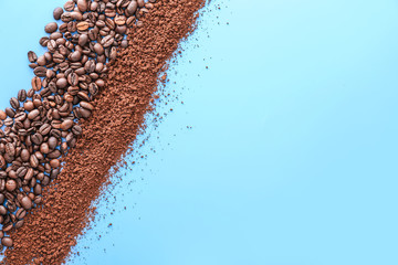 Coffee beans and powder on color background