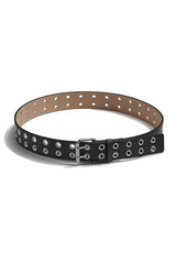 Fototapeta na wymiar Subject shot of a black leather belt decorated with a steel buckle and double rows of metal eyelet grommets. The stitched belt is isolated on the white background.
