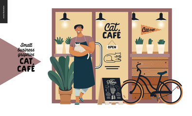 Cat cafe -small business graphics -owner at the shop front. Modern flat vector concept illustrations - man wearing apron and hat petting white cat at the cafe front. Shop entrance and facade, bicycle