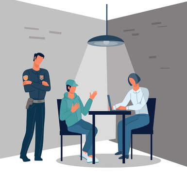 Interrogation criminal with lamp. Policeman and secretary questioning arrested suspected man. interviewing by police in police office interior. Vector flat style cartoon illustration
