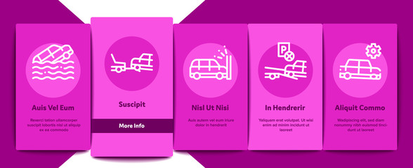 Tow Truck Transport Onboarding Mobile App Page Screen Vector. Tow Truck Evacuating And Transportation Broken Car, Winch And Hook Concept Linear Pictograms. Color Contour Illustrations