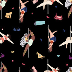 Materiał do szycia Vector cute seamless pattern with pole dance girls on a dark background. Pole dance illustration for fitness, striptease dancers, exotic dance. Body positive
