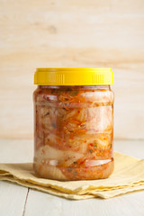 Homemade canned pickled and fermented vegetables for long-term storage.