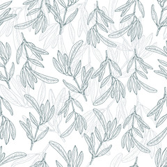 Seamless pattern of bright flowers and leaves on a white background.