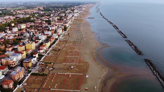 High aerial over the coastal resort town of Rimini Italy.